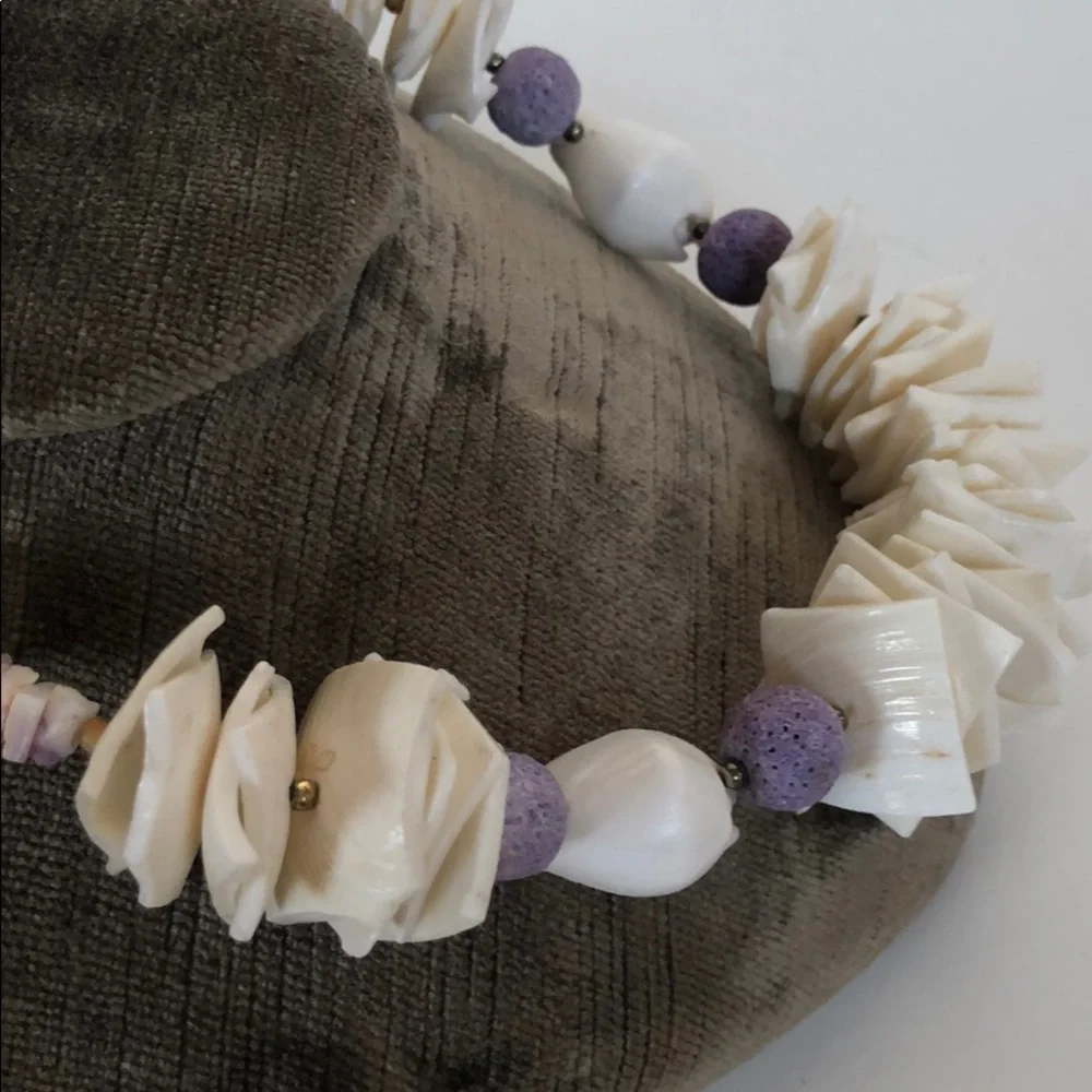 Hawaiian Cream and Purple Beaded Pula Necklace